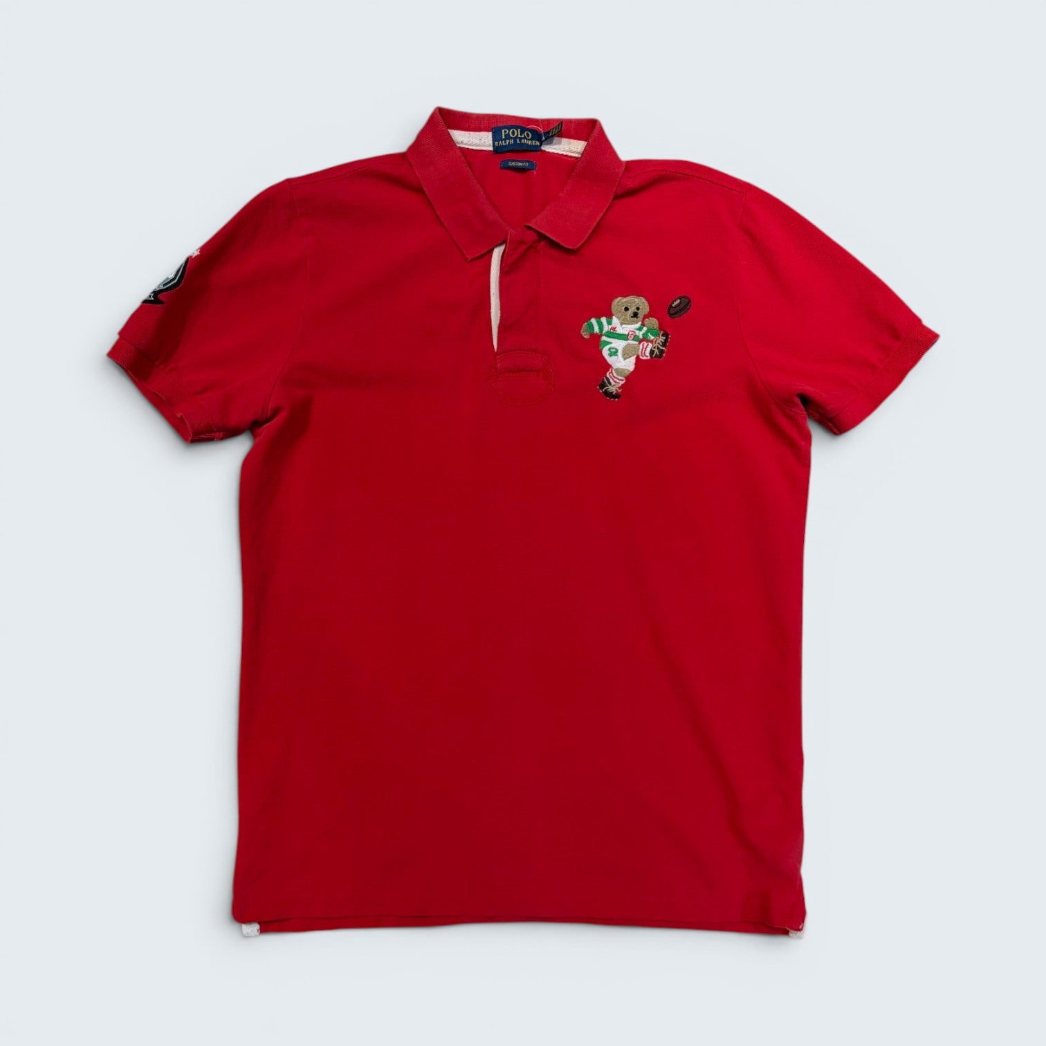 Polo Ralph Lauren red Wales Rugby Bear custom fit short-sleeve polo — Size L