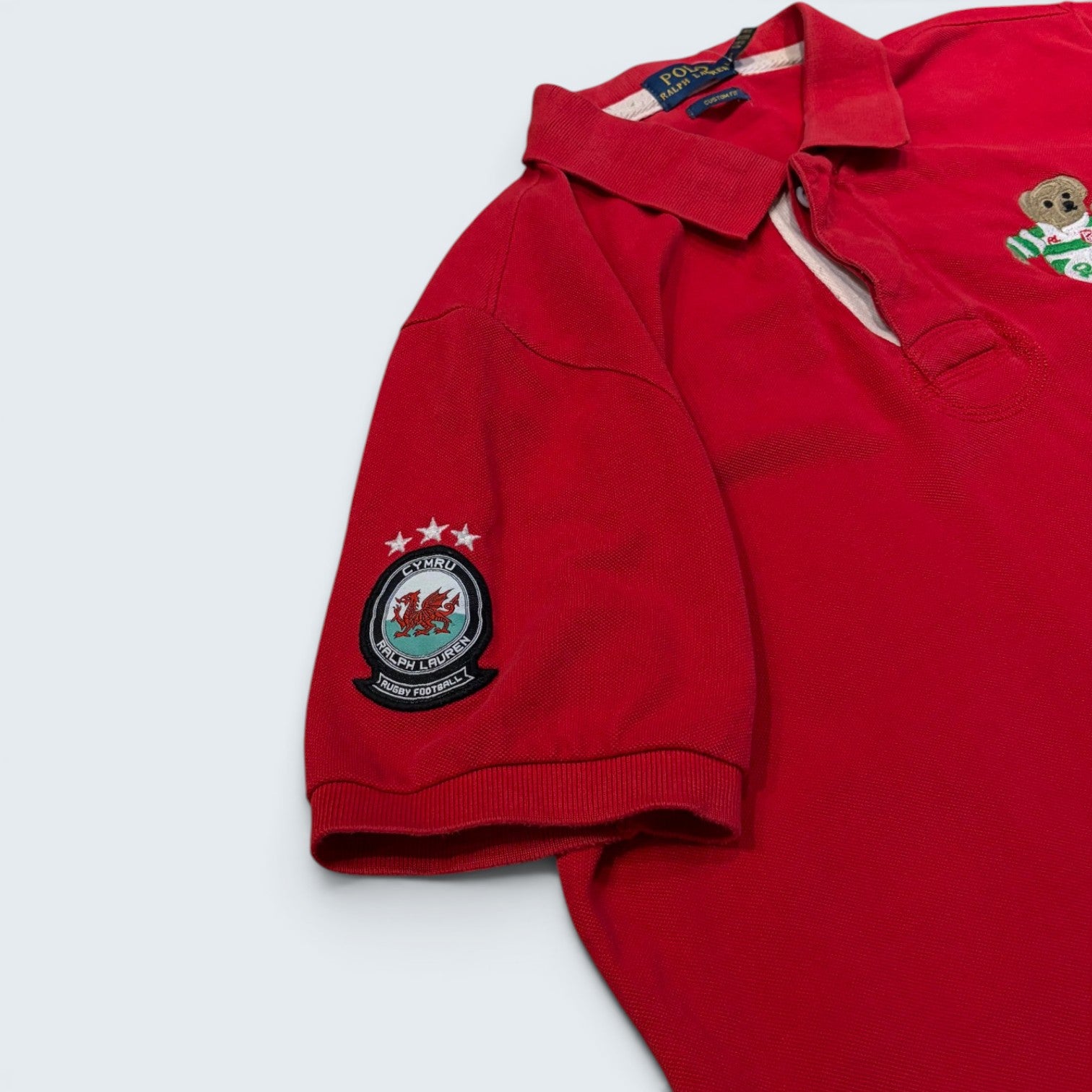 Polo Ralph Lauren red Wales Rugby Bear custom fit short-sleeve polo — Size L