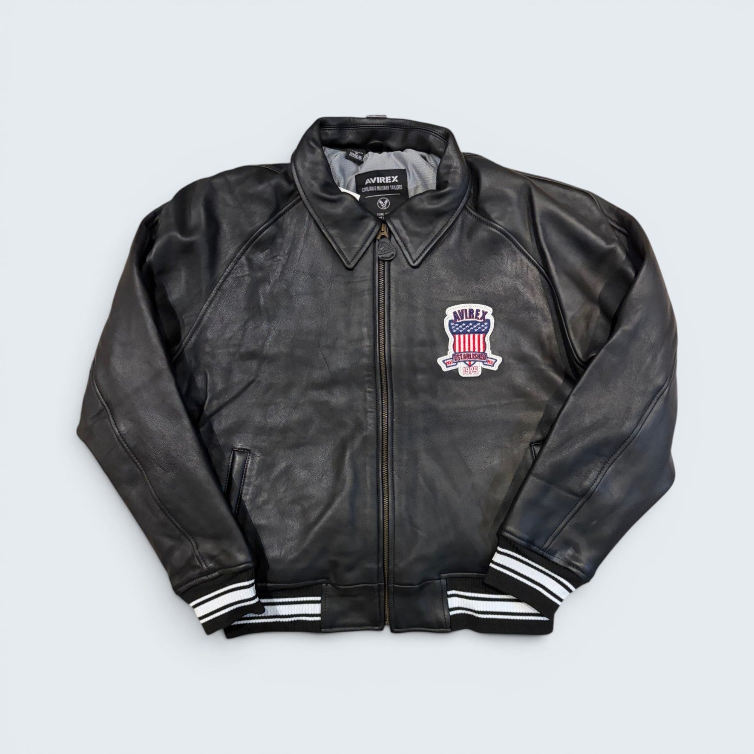 Avirex black leather varsity bomber jacket — Size M