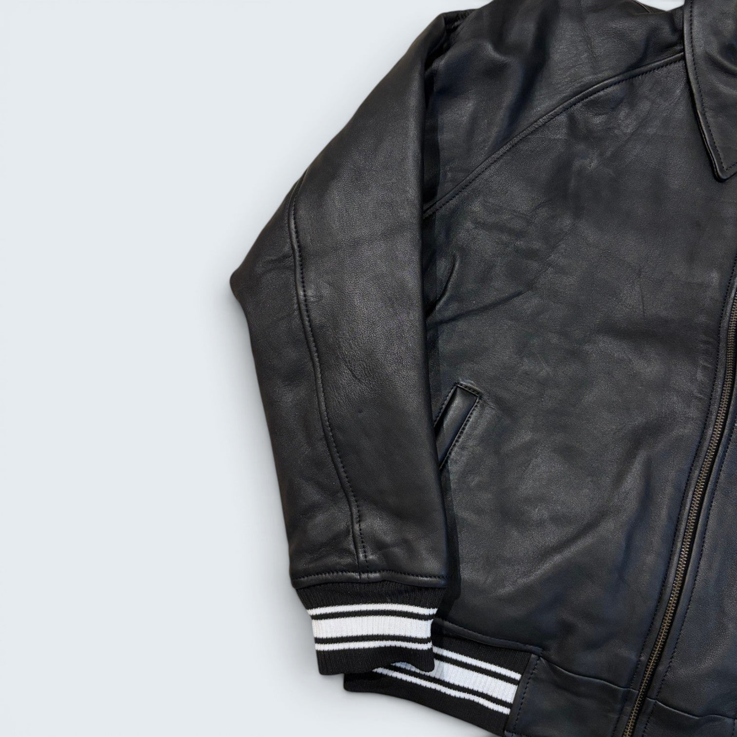 Avirex black leather varsity bomber jacket — Size M