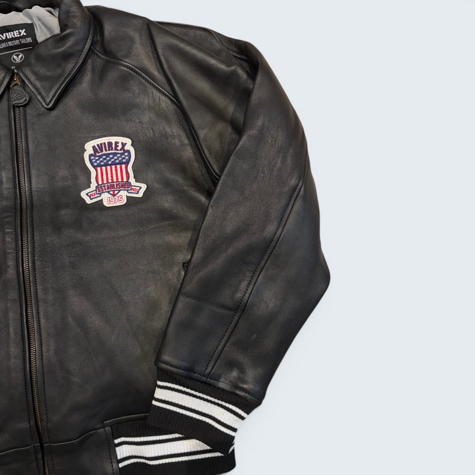 Avirex black leather varsity bomber jacket — Size M
