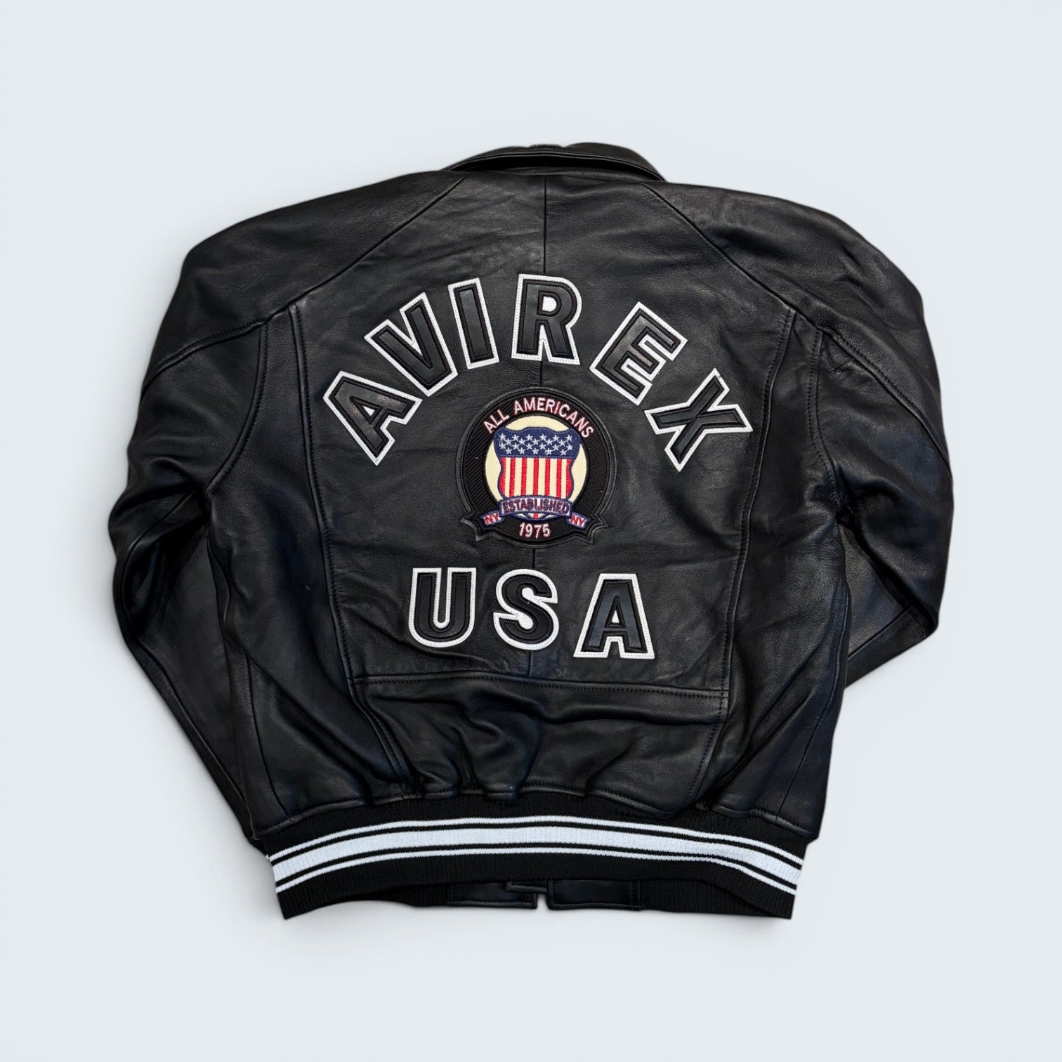 Avirex black leather varsity bomber jacket — Size M