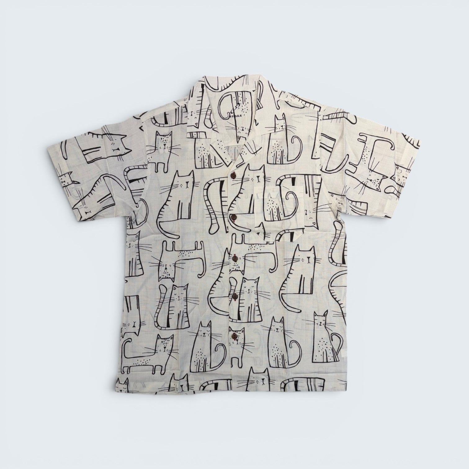 Stoxx Cream Cat Print Camp Collar Shirt — Size M