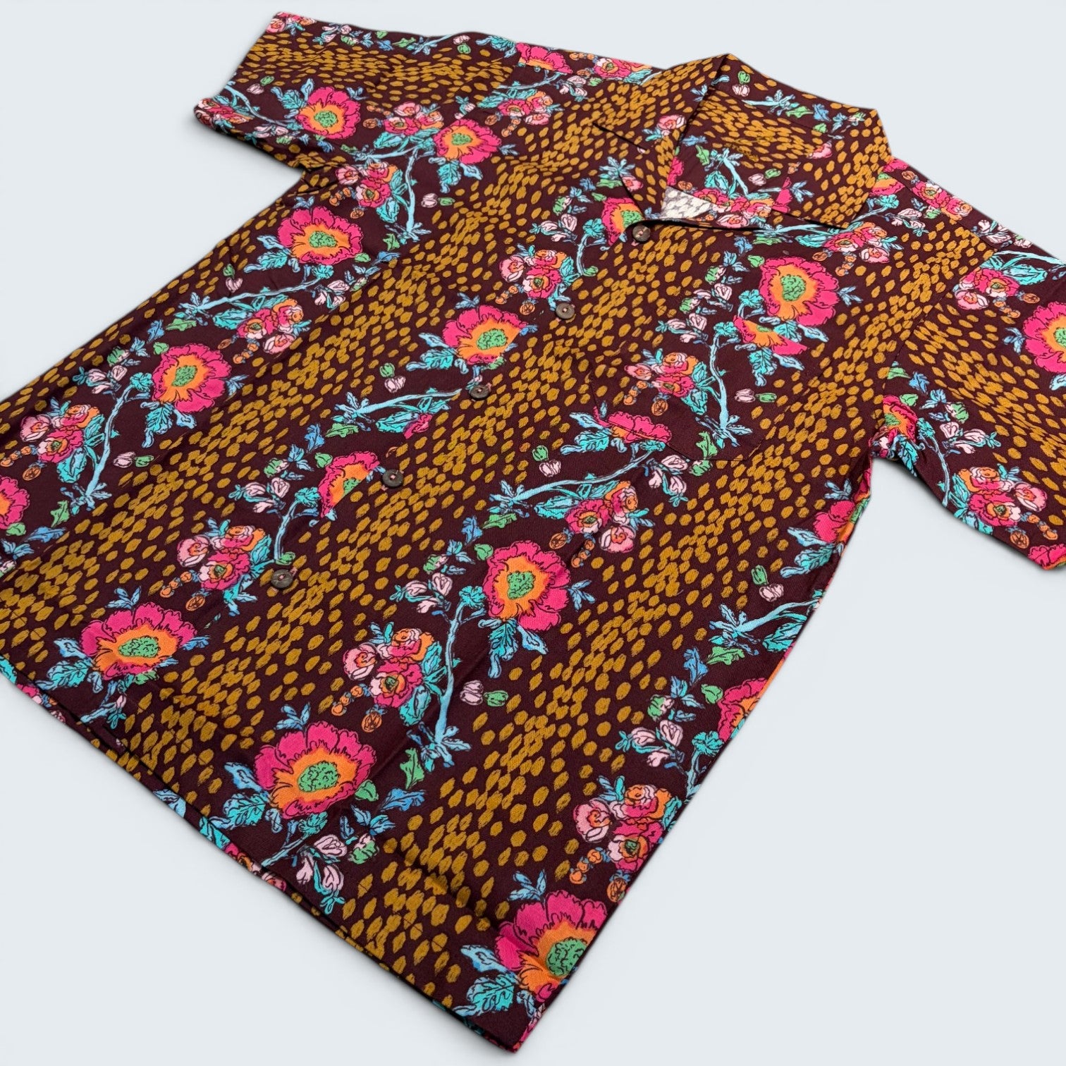 Stoxx Burgundy Floral Leopard Print Camp Collar Shirt — Size M