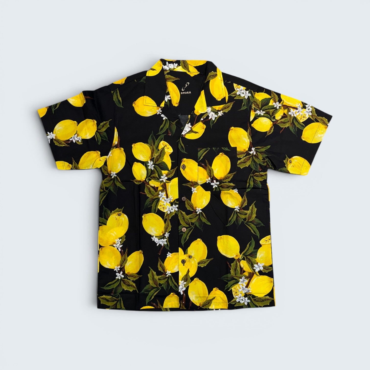 Stoxx Black Lemon Print Camp Collar Shirt — Size M