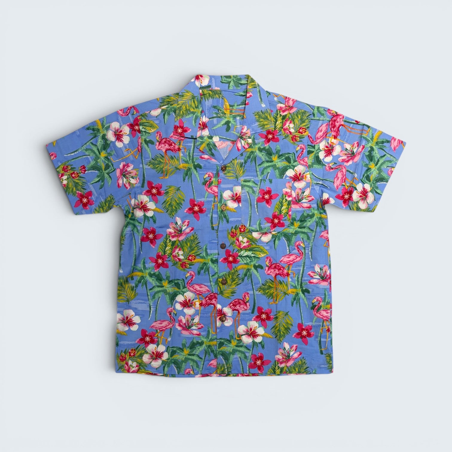 Stoxx Blue Flamingo Tropical Print Camp Collar Shirt — Size M