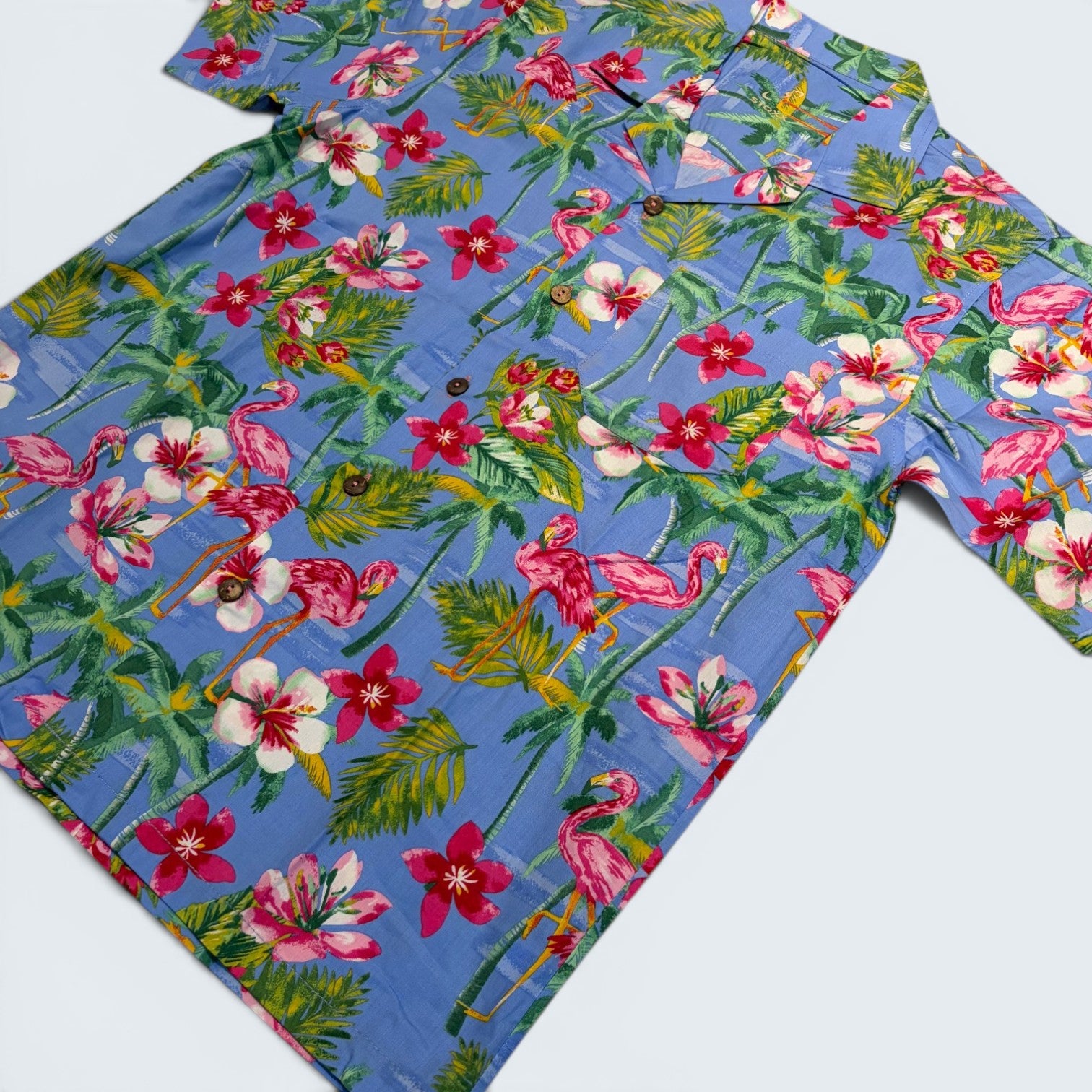Stoxx Blue Flamingo Tropical Print Camp Collar Shirt — Size M