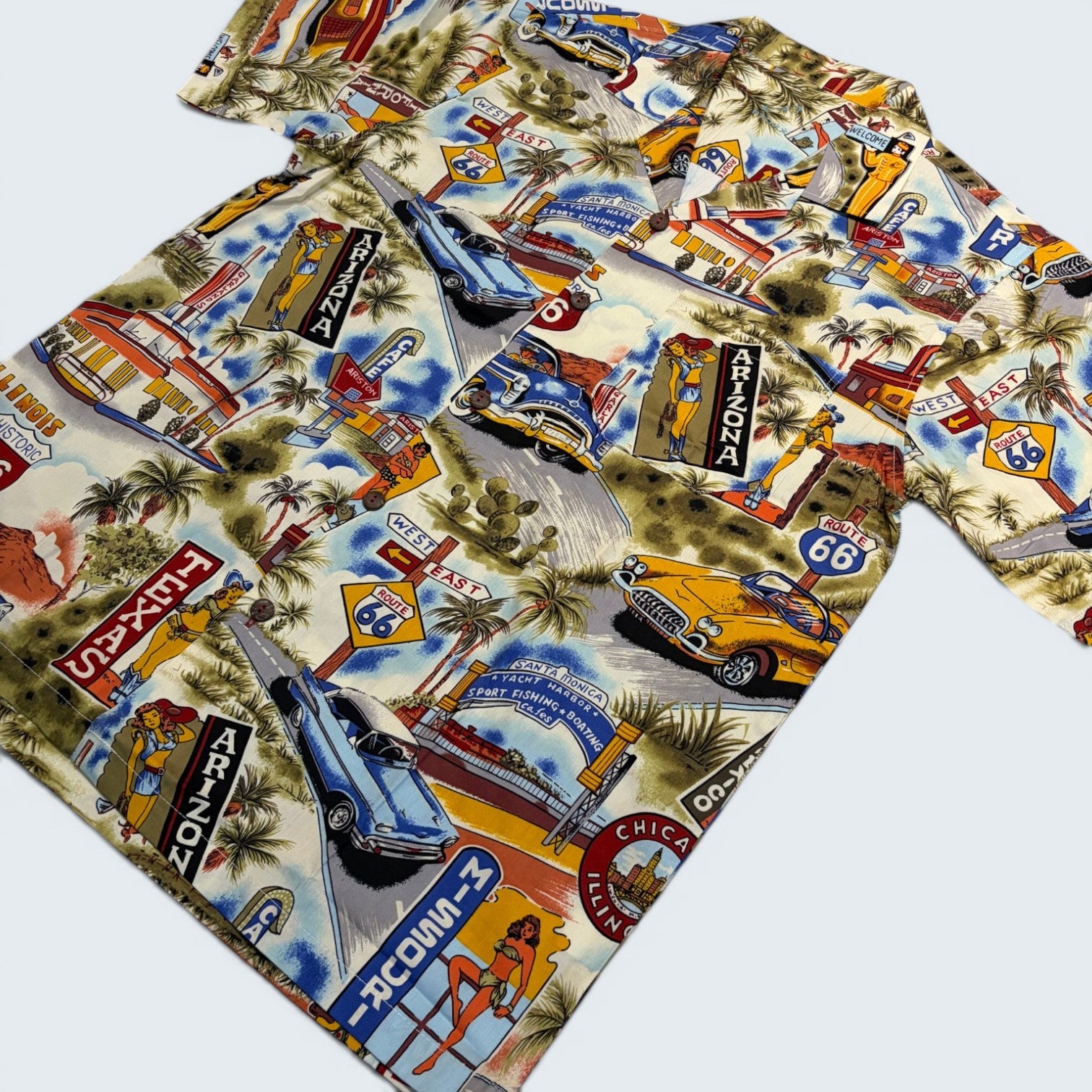 Stoxx Cream Route 66 Americana Print Camp Collar Shirt — Size M