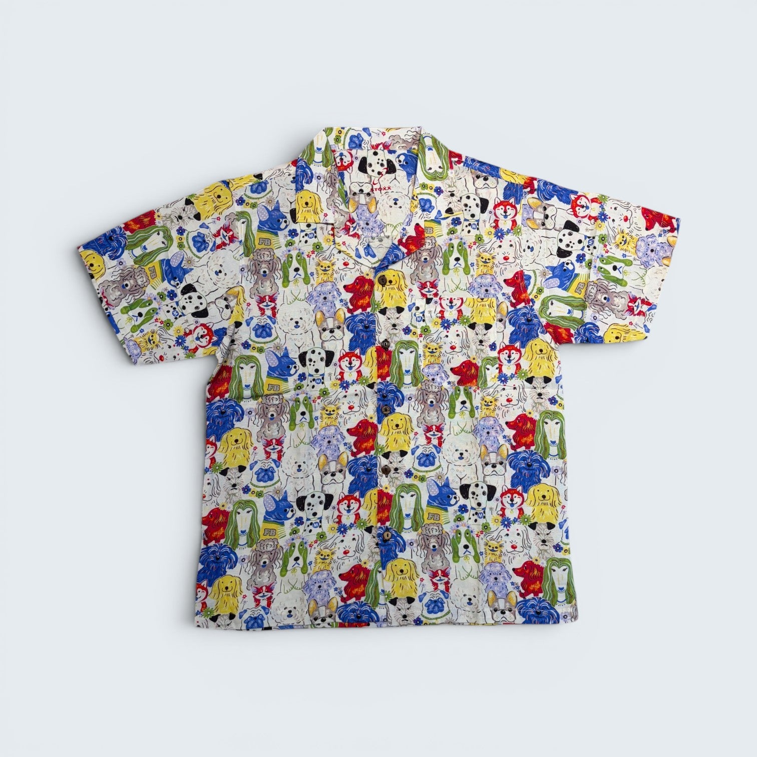 Stoxx White Dog Portrait Print Camp Collar Shirt — Size M
