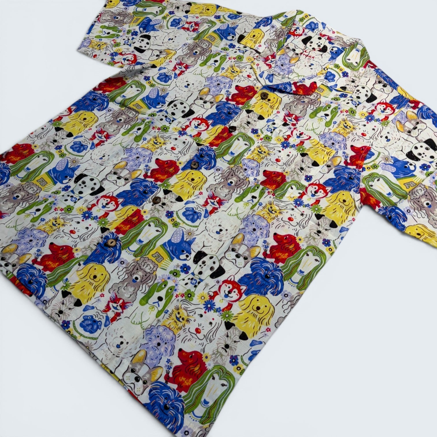 Stoxx White Dog Portrait Print Camp Collar Shirt — Size M