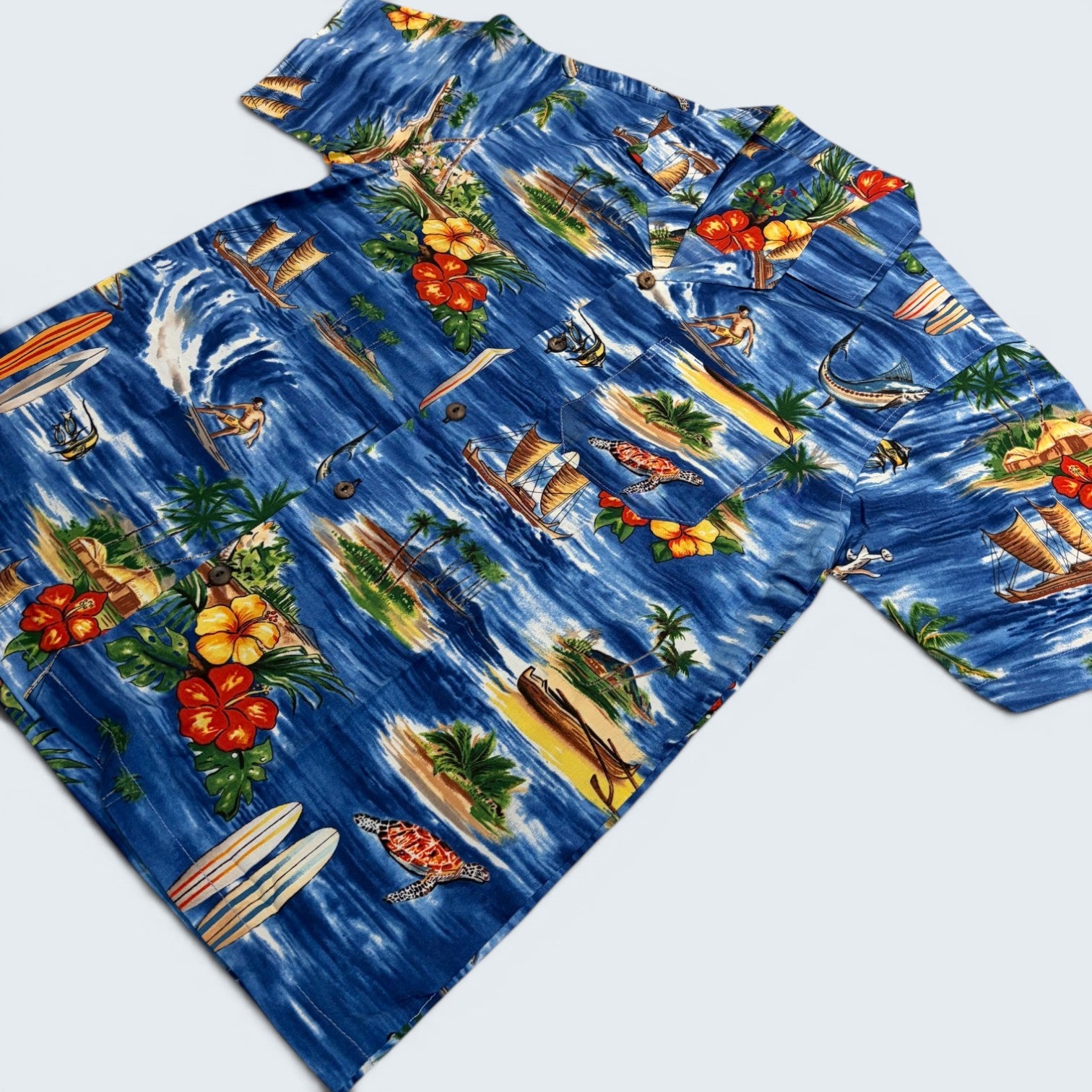Stoxx Blue Hawaiian Island Scene Camp Collar Shirt — Size M