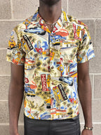 Stoxx Cream Route 66 Americana Print Camp Collar Shirt