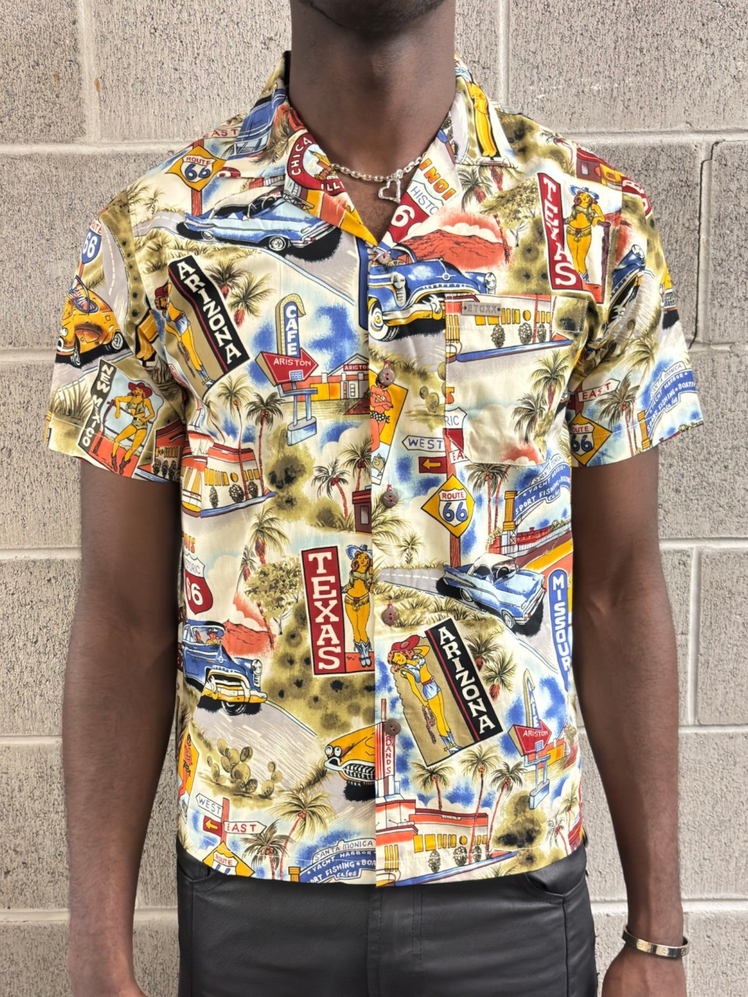 Stoxx Cream Route 66 Americana Print Camp Collar Shirt
