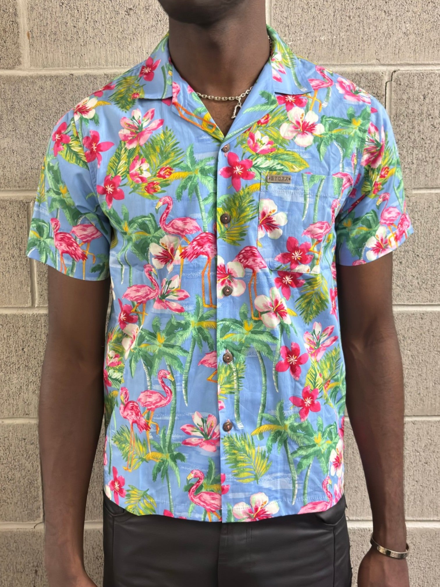 Stoxx Flamingo Tropical Print Hawaiian Camp Collar Shirt — Size M