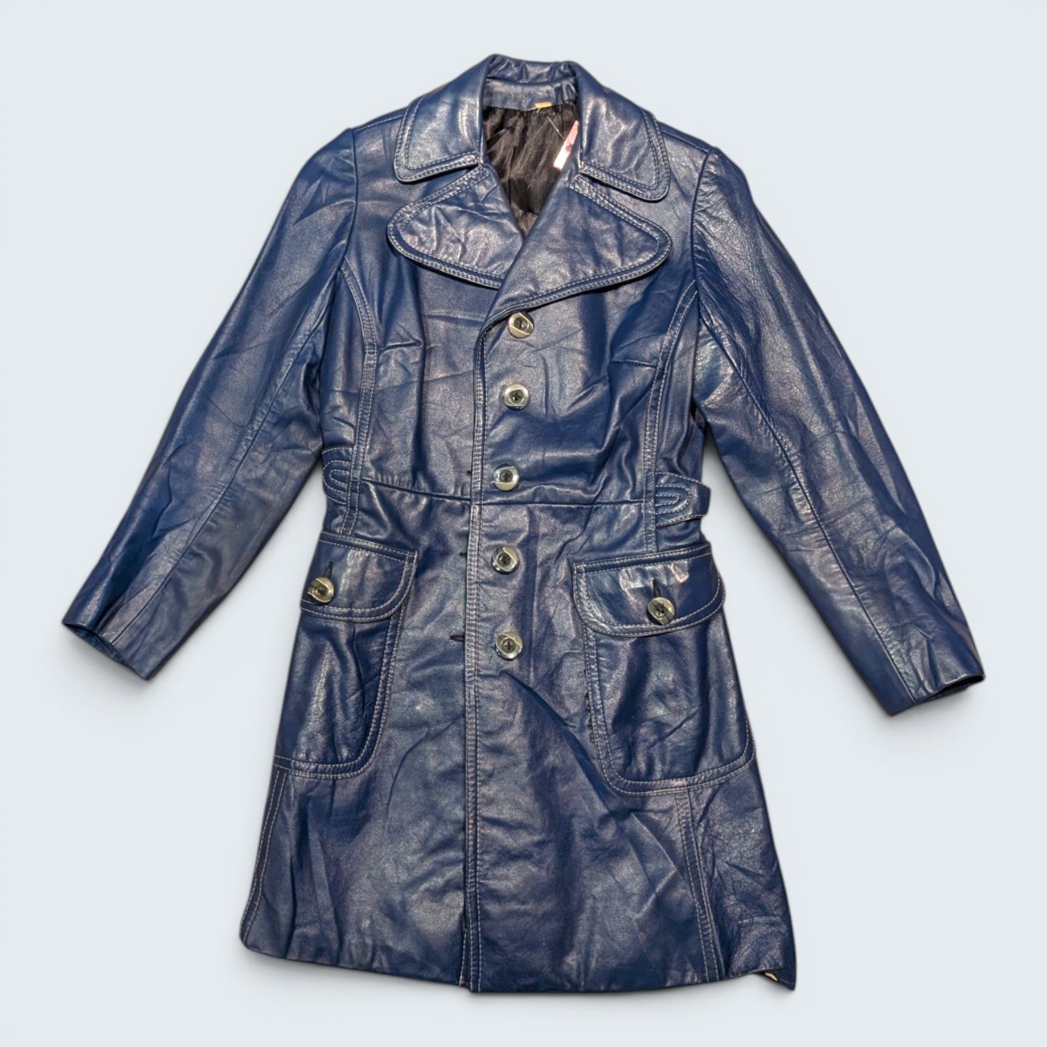 Blue Long Leather Coat - S