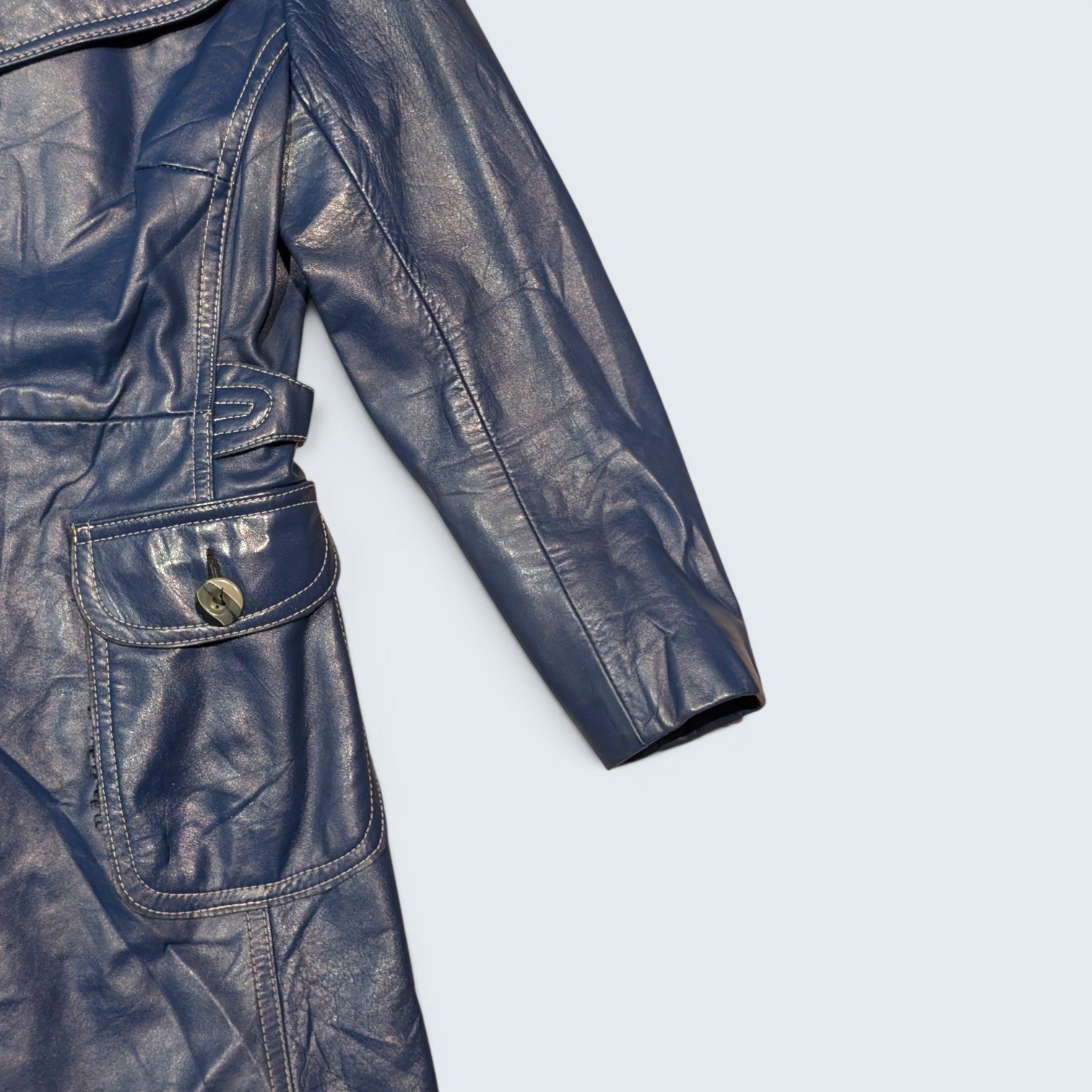 Blue Long Leather Coat - S