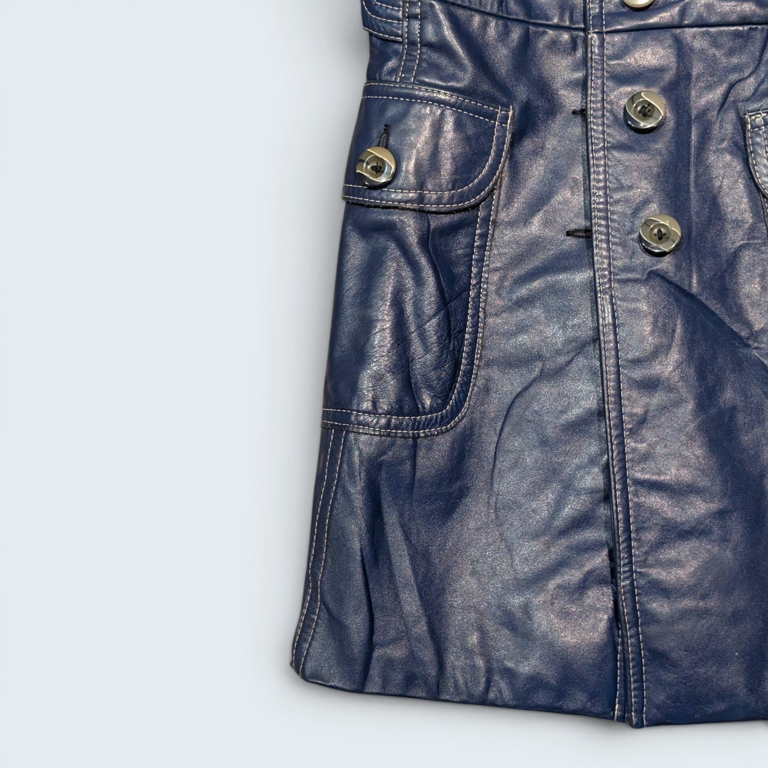 Blue Long Leather Coat - S