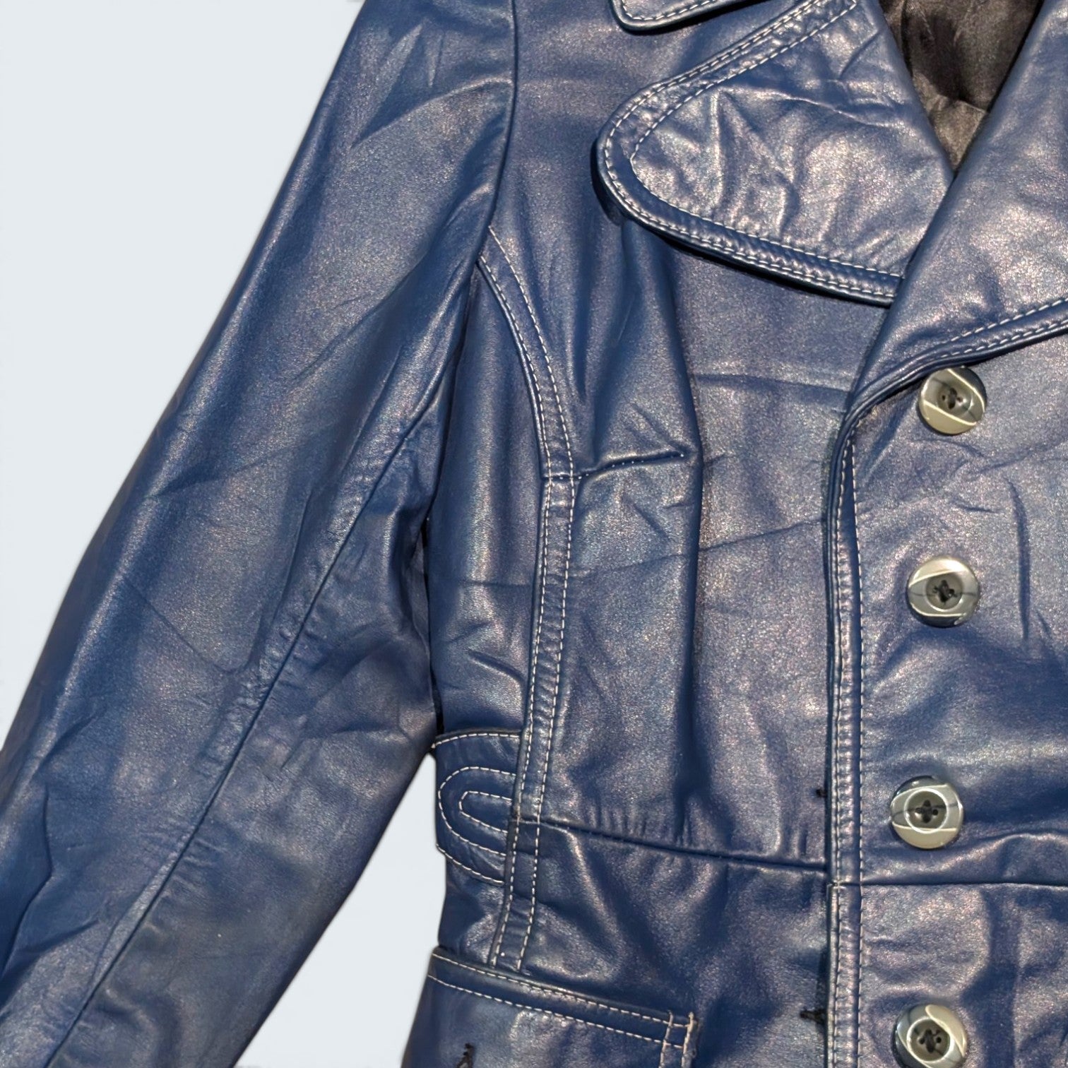 Blue Long Leather Coat - S
