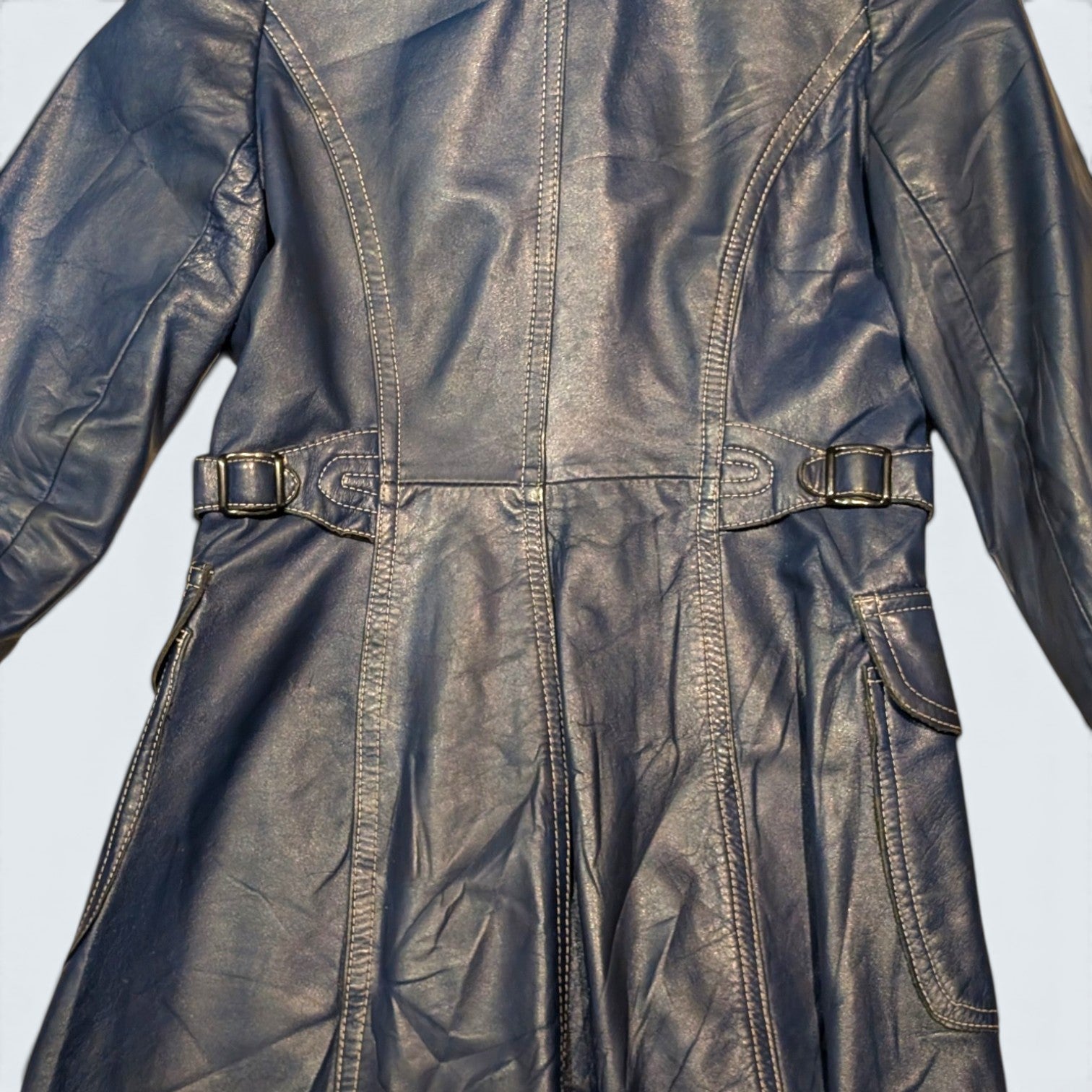 Blue Long Leather Coat - S