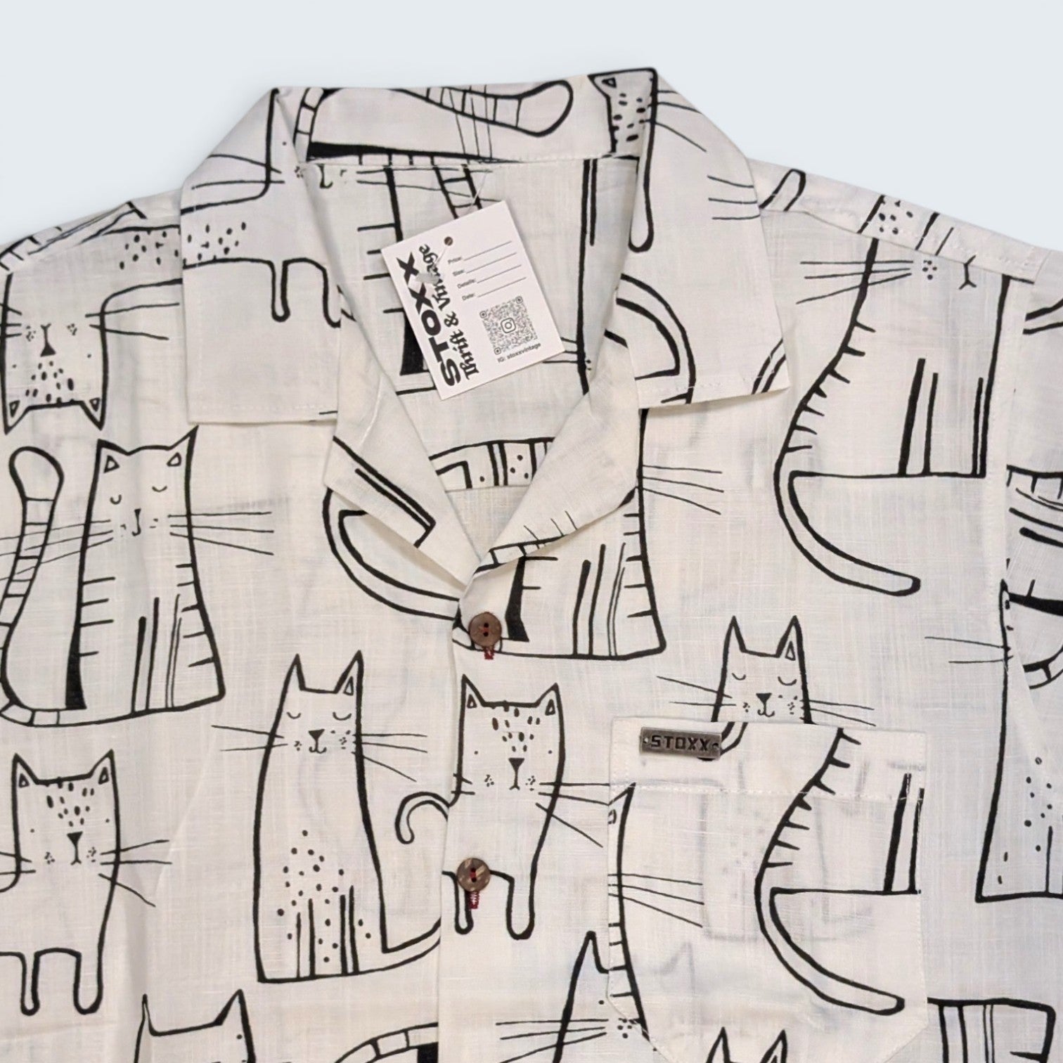 Stoxx Cream Cat Print Camp Collar Shirt — Size M