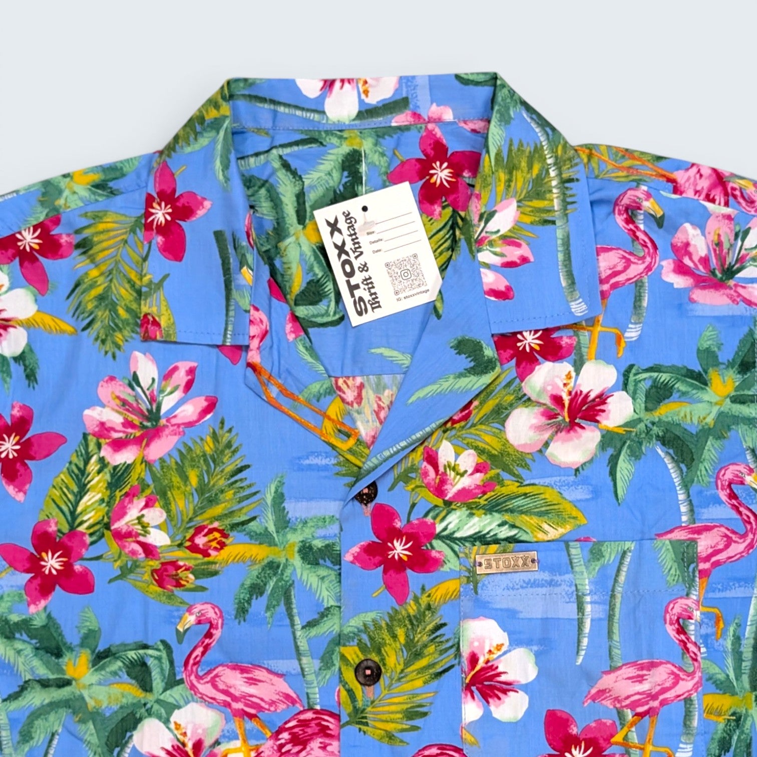 Stoxx Blue Flamingo Tropical Print Camp Collar Shirt — Size M