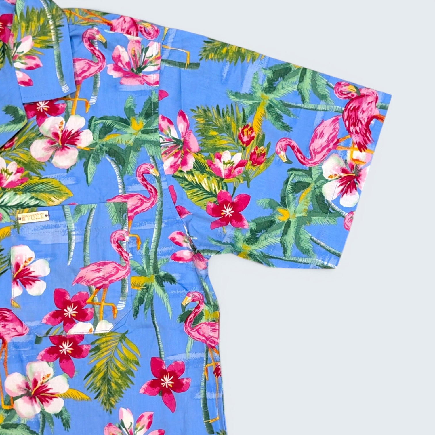 Stoxx Blue Flamingo Tropical Print Camp Collar Shirt — Size M