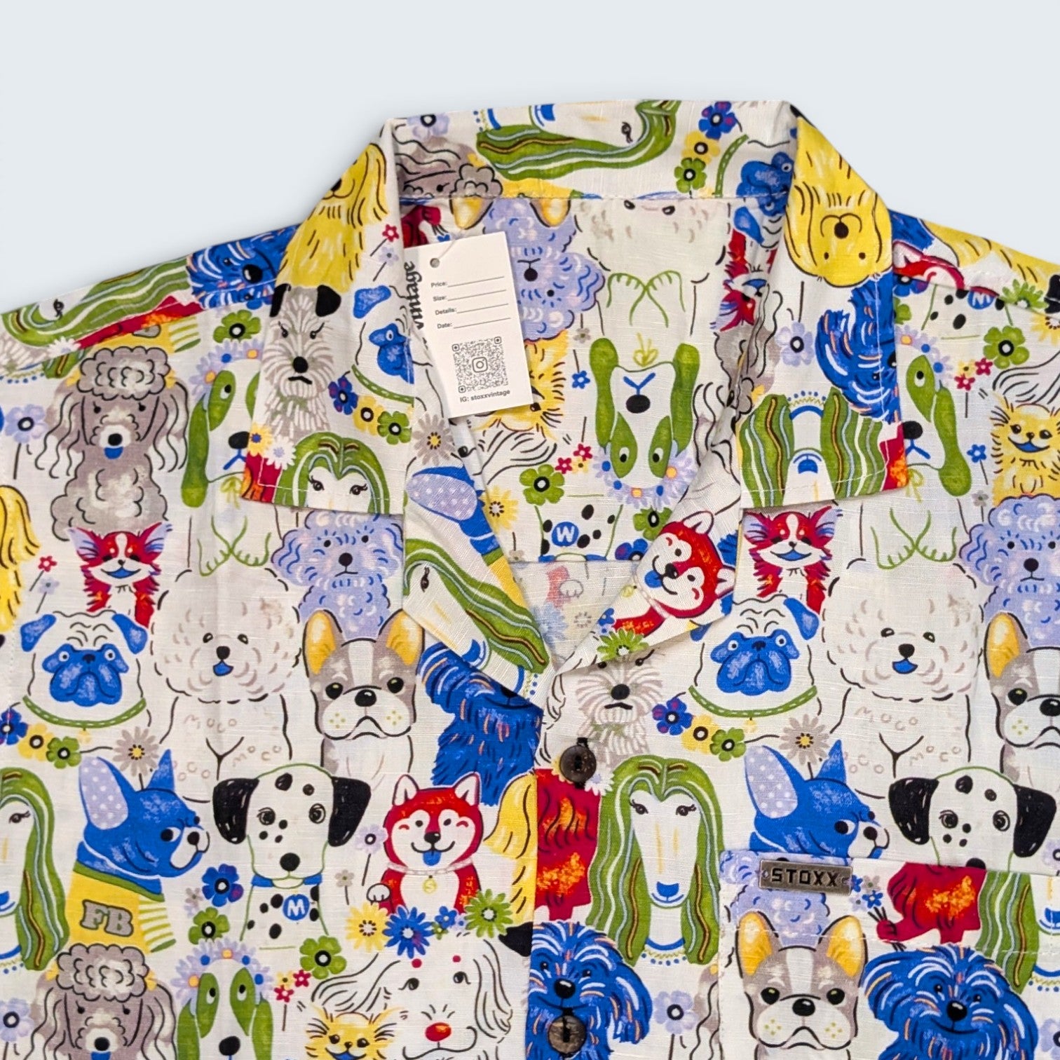Stoxx White Dog Portrait Print Camp Collar Shirt — Size M