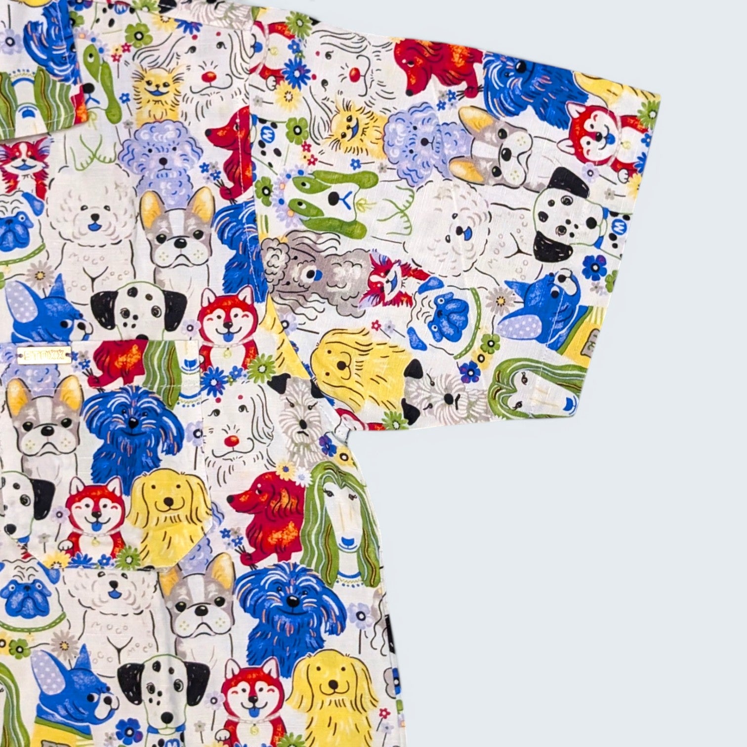 Stoxx White Dog Portrait Print Camp Collar Shirt — Size M