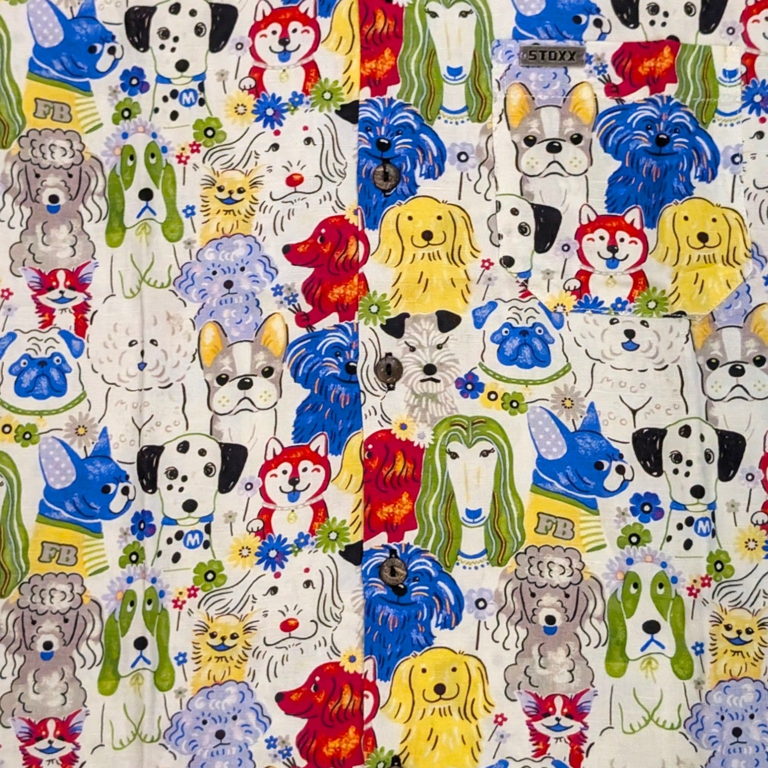 Stoxx White Dog Portrait Print Camp Collar Shirt — Size M