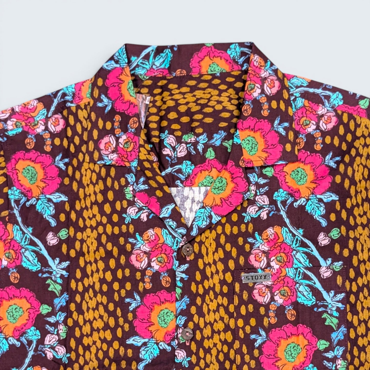 Stoxx Burgundy Floral Leopard Print Camp Collar Shirt — Size M