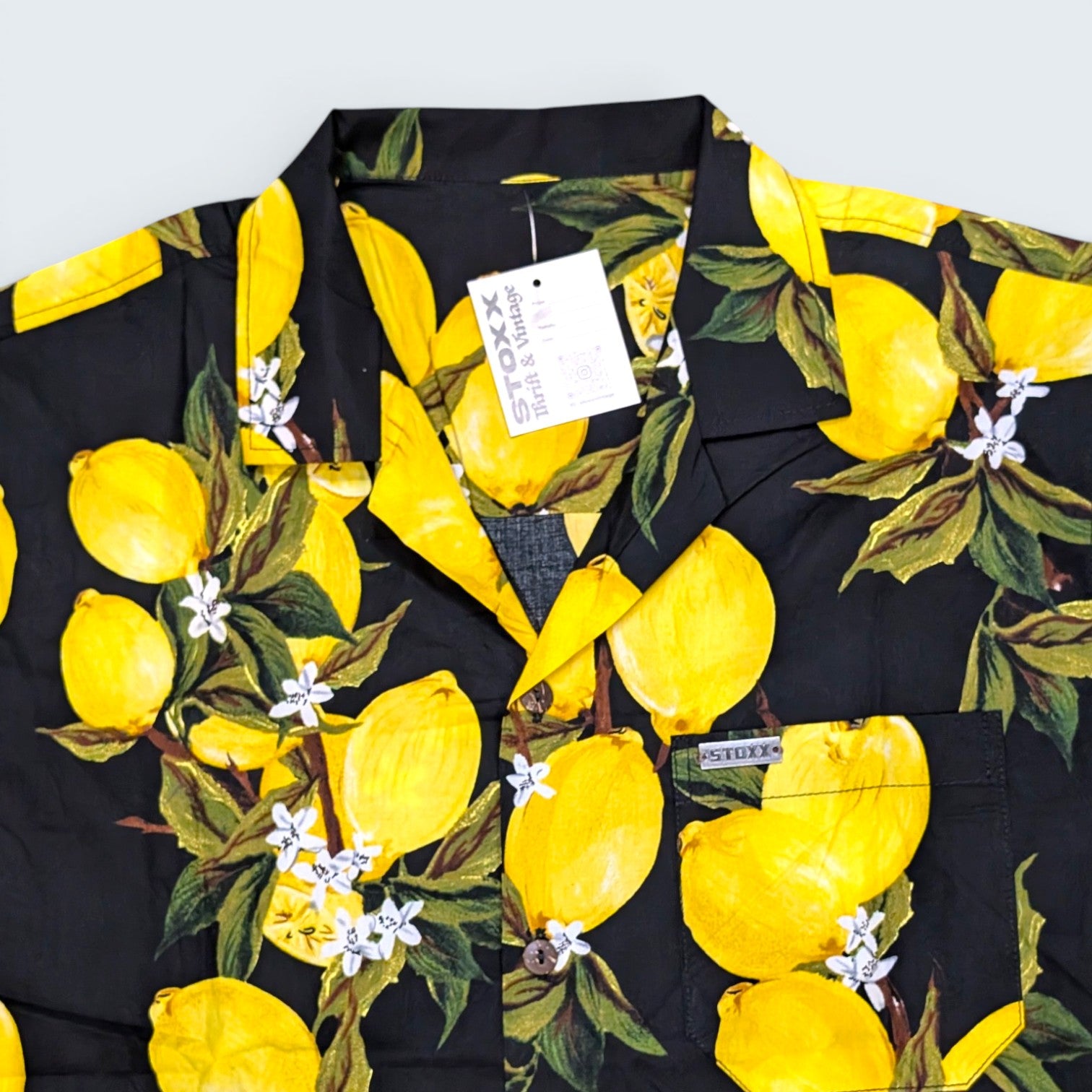 Stoxx Black Lemon Print Camp Collar Shirt — Size M