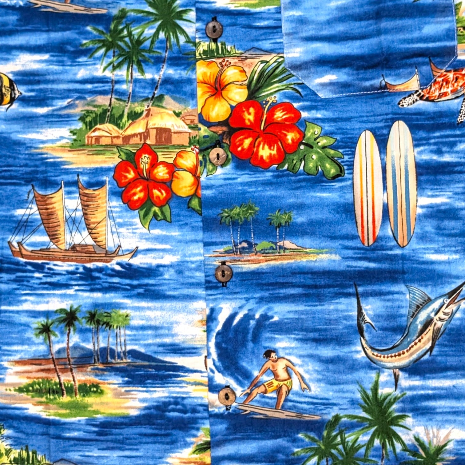 Stoxx Blue Hawaiian Island Scene Camp Collar Shirt — Size M