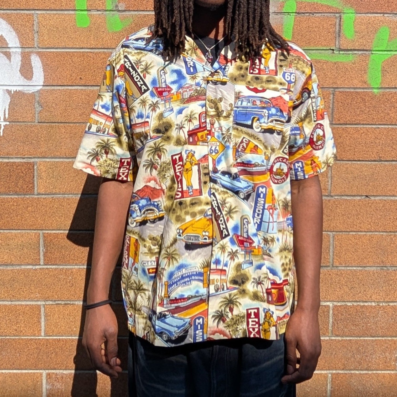 Stoxx Cream Route 66 Americana Print Camp Collar Shirt