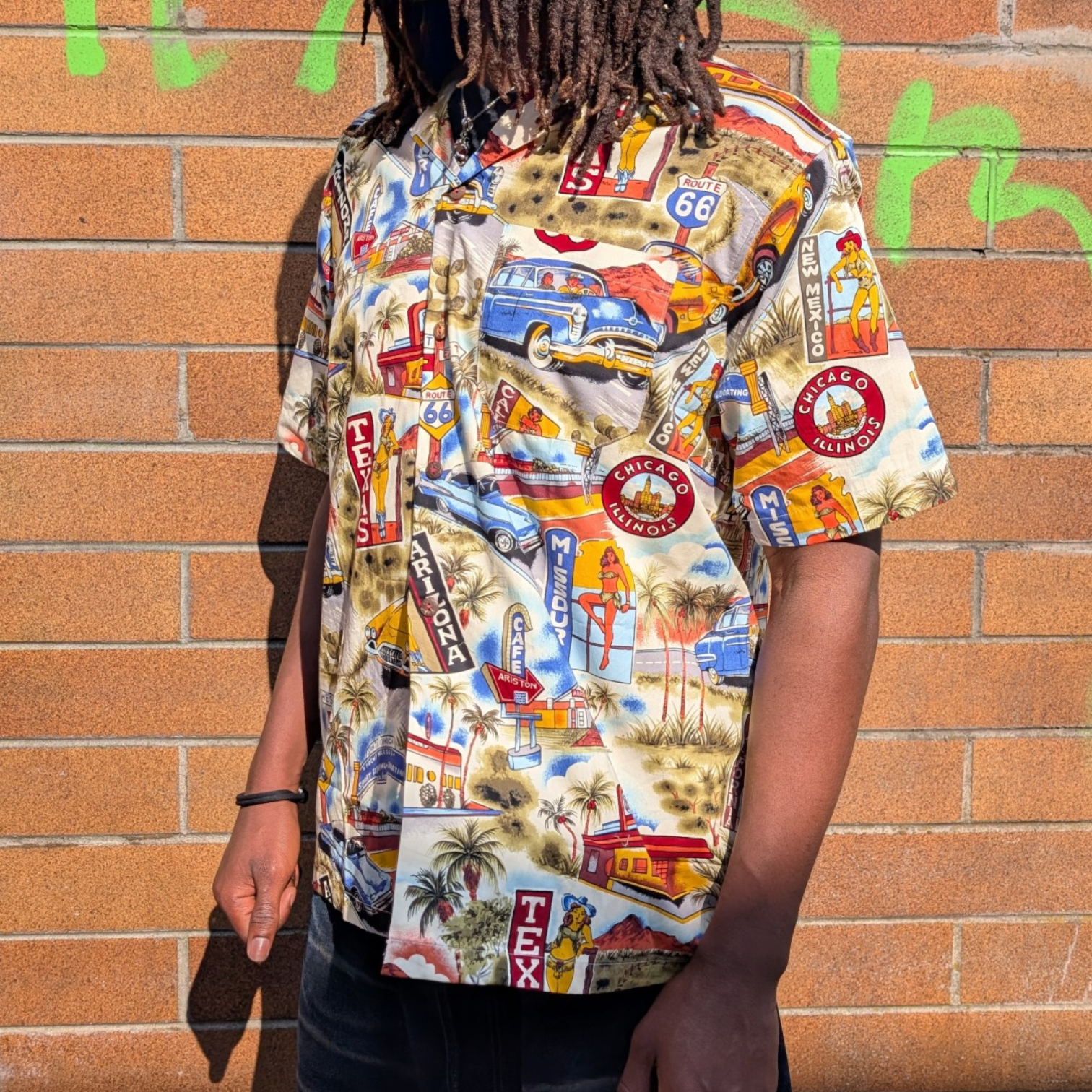 Stoxx Cream Route 66 Americana Print Camp Collar Shirt – additional view, STOXX THRIFT & VINTAGE