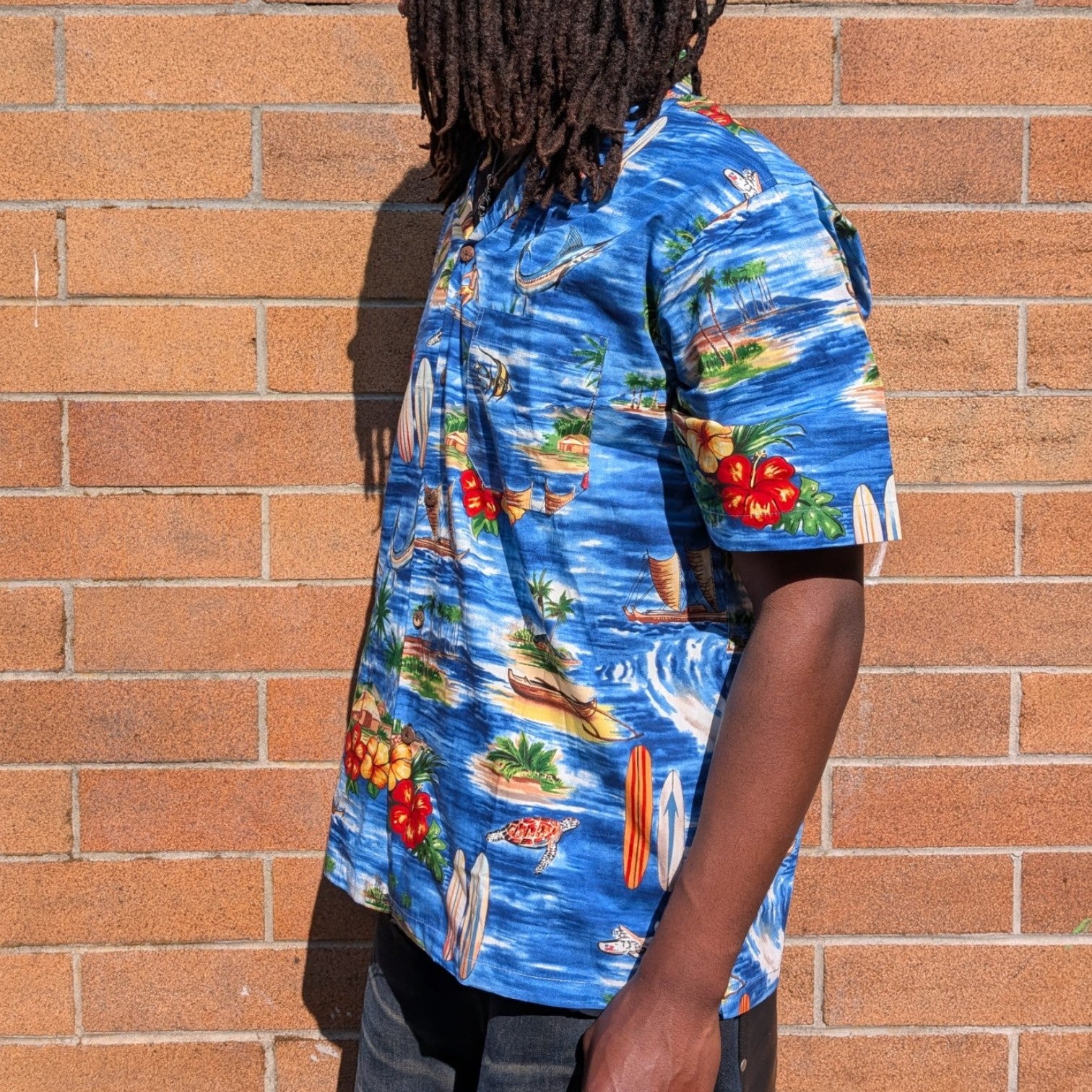 Blue Hawaiian Island Scene Camp Collar Shirt – additional view, STOXX THRIFT & VINTAGE