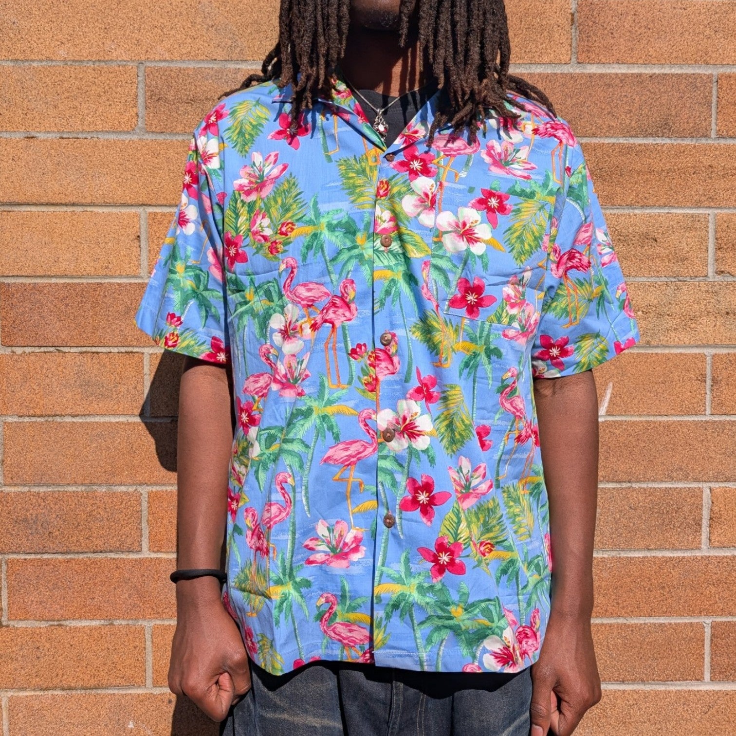 Stoxx Flamingo Tropical Print Hawaiian Camp Collar Shirt — Size M