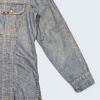STOXX THRIFT & VINTAGE 1970s Lee long denim jacket in blue with gold buttons and contrast stitching, made in USA.