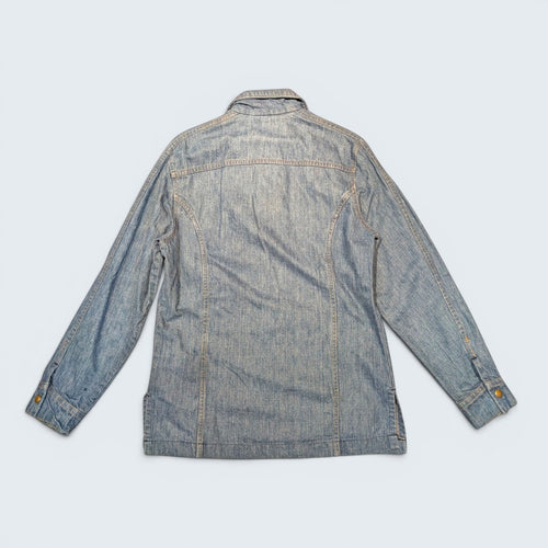 Back view of a vintage 70s Lee long denim jacket from STOXX THRIFT & VINTAGE, made in USA with light wash blue denim.