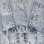 STOXX THRIFT & VINTAGE 90s acid wash denim jacket with white floral embroidery and double-breasted button detail.
