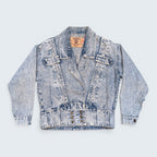 STOXX THRIFT & VINTAGE Yaring 90s acid wash denim jacket with floral embroidery and double-breasted button detail.