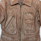 STOXX THRIFT & VINTAGE Banana Republic brown leather jacket with zip pockets, snap flap pocket, and front zip closure.