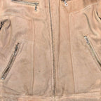 STOXX THRIFT & VINTAGE beige suede leather biker jacket with silver metal zippers and stitched panel detailing.