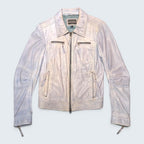STOXX THRIFT & VINTAGE light blue leather biker jacket with zip pockets and ribbed hem details.