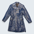 STOXX THRIFT & VINTAGE blue long leather coat with button front, wide collar, and two front flap pockets.