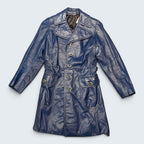 STOXX THRIFT & VINTAGE blue long leather coat with button front, wide collar, and two front flap pockets.