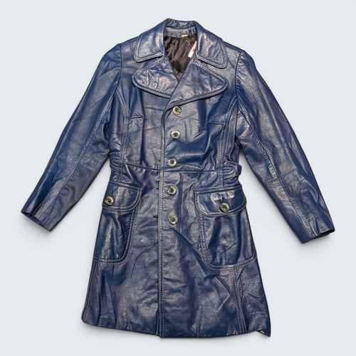 STOXX THRIFT & VINTAGE blue long leather coat with button front, wide collar, and two front flap pockets.