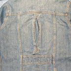 Back view of STOXX THRIFT & VINTAGE Britannia Sportswear light-wash denim jacket featuring a unique back vent detail.