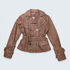 STOXX THRIFT & VINTAGE brown XNTRIK leather blazer with double-breasted button closure, belted waist, and cuff straps.