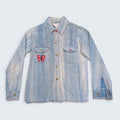 STOXX THRIFT & VINTAGE light wash denim shirt with butterfly embroidery, button-down front, and dual chest pockets.
