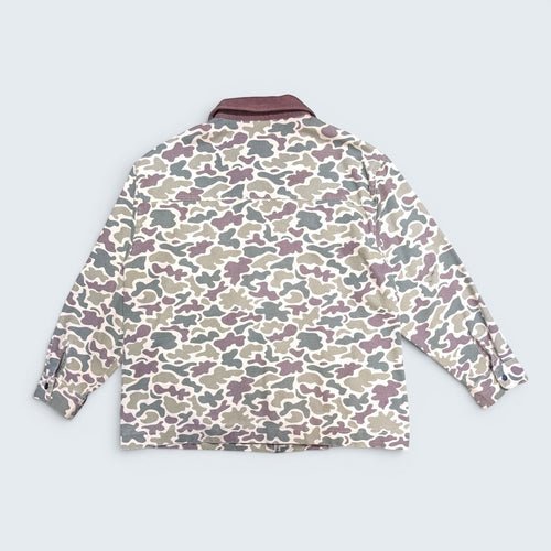 STOXX THRIFT & VINTAGE XL camo print chore jacket with a brown corduroy collar, back view.